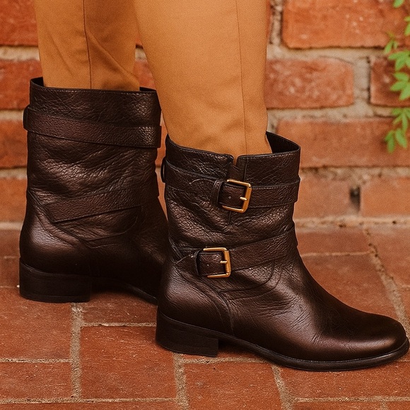 kate spade Shoes - KATE SPADE Black Pebbled Leather Sabina Double Buckle Moto Boots, 7M